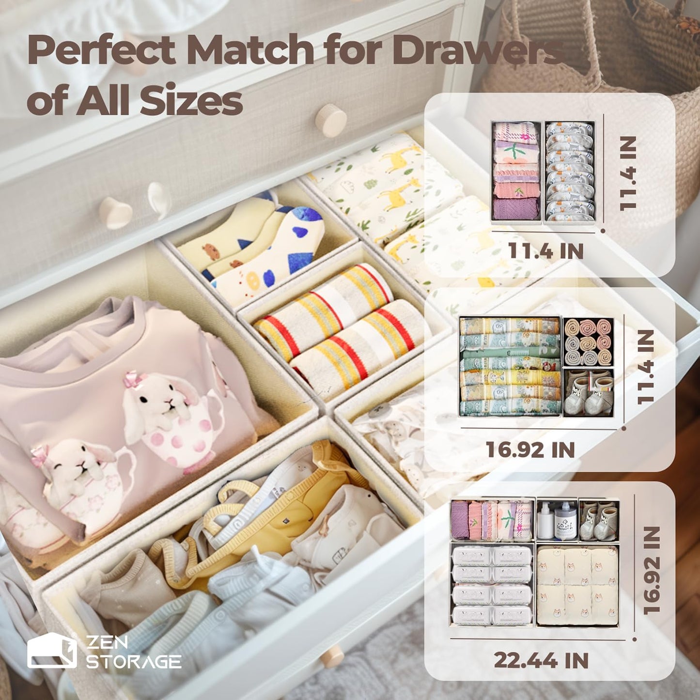 Cotton Linen Drawer Organizer for Baby Clothes, 12Pack Foldable Nursery Dresser Divider, Multi-Size Set Dresser Drawer Organizer for Nursery, Bedroom and Closet, Beige