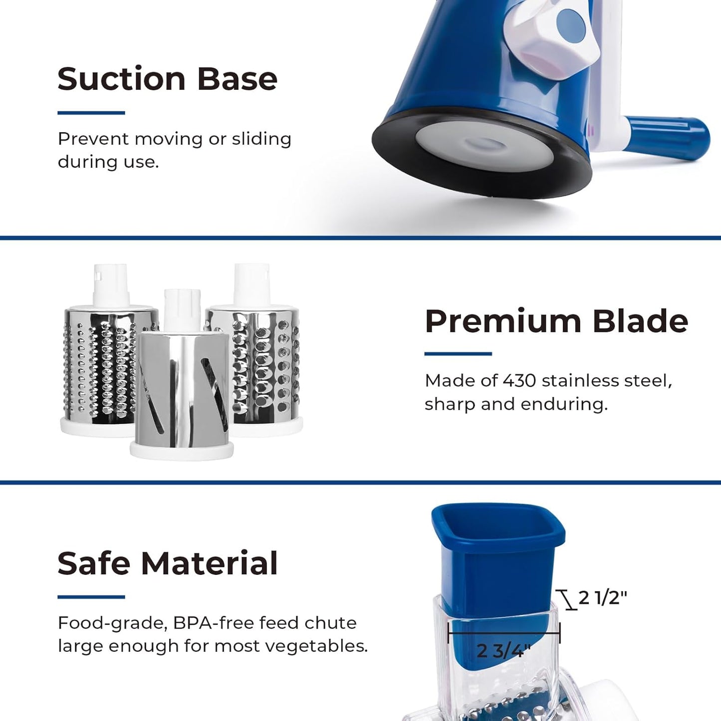 X Home Rotary Cheese Grater for Kitchen, Shredder with 3 Interchangeable Blades, Rotary Grater with Handle and Strong Suction Base, for Vegetables, Fruit, Nuts, Easy to Use and Clean, Dark Blue