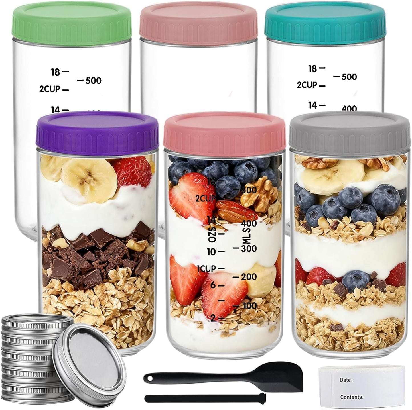 Overnight Oats Containers with Lids 24oz, 6 Pack Wide Mouth Mason Jar, Glass jars with Airtight Lids for Meal Prep, Food Storage Containers for Oats Cereal Yogurt Chia Snacks