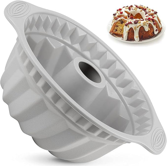 Kenond 9.5 Inch Silicone Cake Pans, Non-stick Fluted Cake Pan with Sturdy Handle, Cake Baking Molds, Perfect Bakeware for Cake, Jello, Gelatin, Bread, Para Gelatinas (Gray)