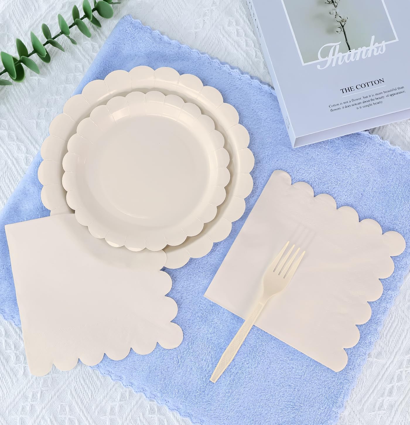 96 Pcs Ivory Plates and Napkins Party Supplies Serve 24 Guests Including Baby Ivory Scalloped Paper Plates and Napkins Plastic Forks for Baby Shower Birthday Party Disposable Dinnerware Set
