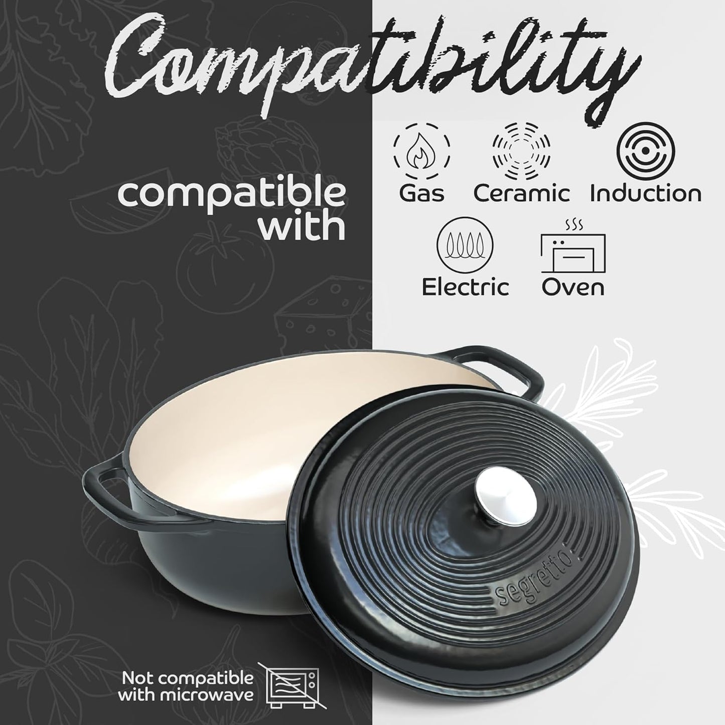 Segretto Cookware Enameled Oval Cast Iron Dutch Oven with Handle, 7 Quarts, Nero (Black), 7qt Cast Iron Pot with Lid | Enamel Dutch Oven for Bread Baking, Ceramic Pots for Cooking, Soup