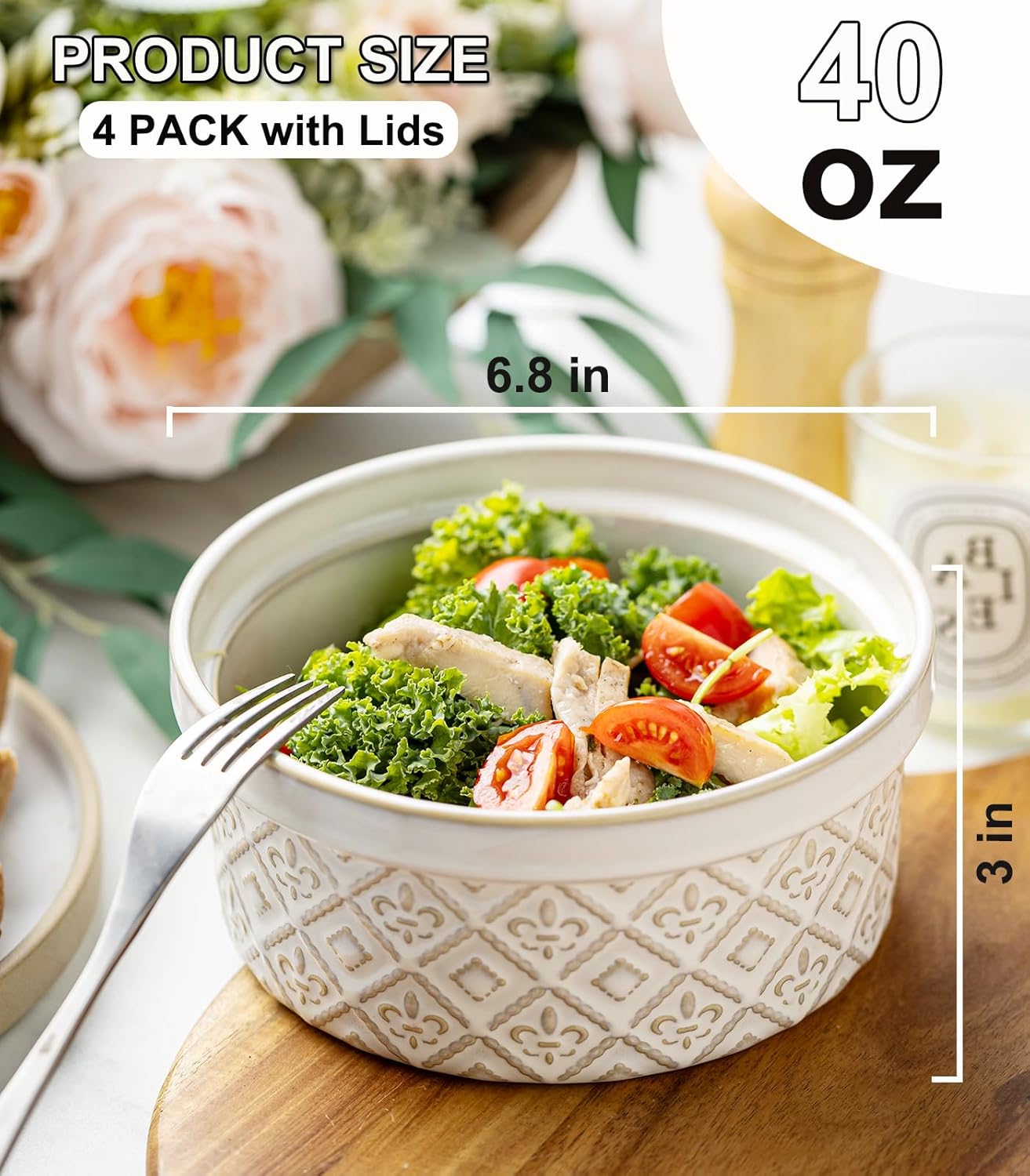 40 Oz Ceramic Airtight Bowls Set of 4 - Large Mixing Bowls with Lids Set for Salad, Pho, Soup, Pasta, Dessert, Serving, Oatmeal, Baking Dishes, Dishwasher & Microwave Safe, Beige