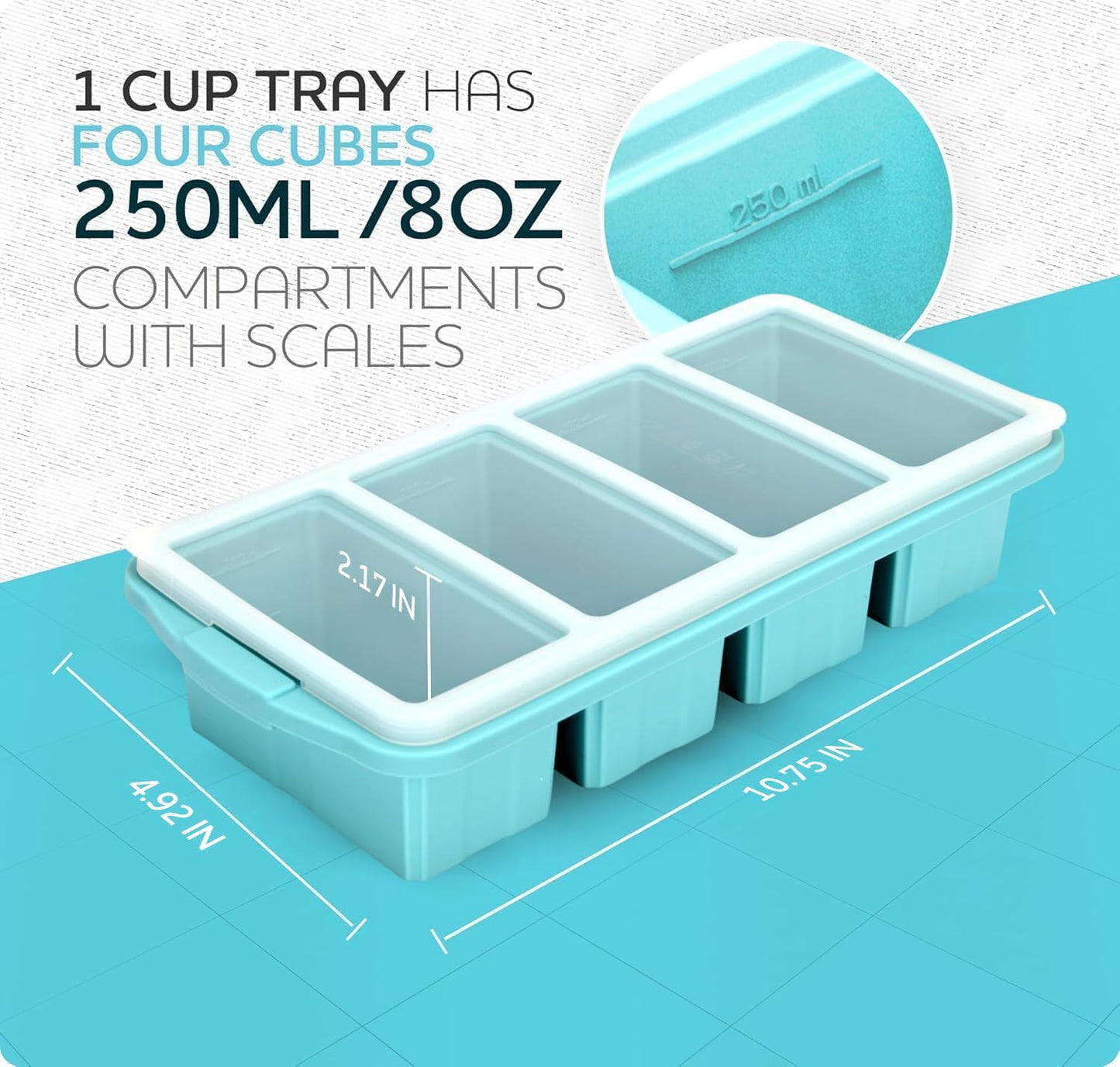 Silicone Freezer Tray With Lid - Soup Freezer Container molds - Large Ice Cube Tray- makes 8 perfect 1 cup portions cubes, 1-Pack Freezer Storage Food Soups & Meal Prep - Oven & Dishwasher -Safe
