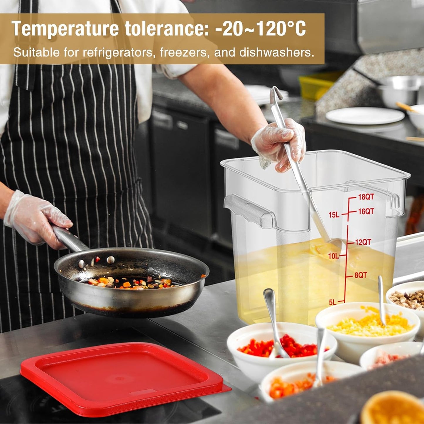 Suclain 2 Pcs Square Food Storage Container Polycarbonate Clear Food Container with Red Lid Commercial Rice Storage with Red Graduations for Commercial Kitchen(2QT,4QT)