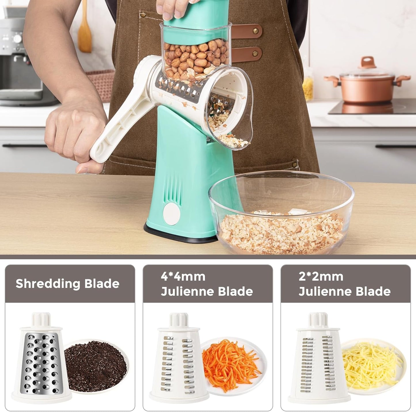 X Home 5-in-1 Rotary Cheese Grater for Kitchen, Upgraded Hand Crank Shredder with Stronger Suction Base & Multifunctional Drum Blades, for Cheese, Vegetables and Nuts, Easy to Use and Clean, Blue