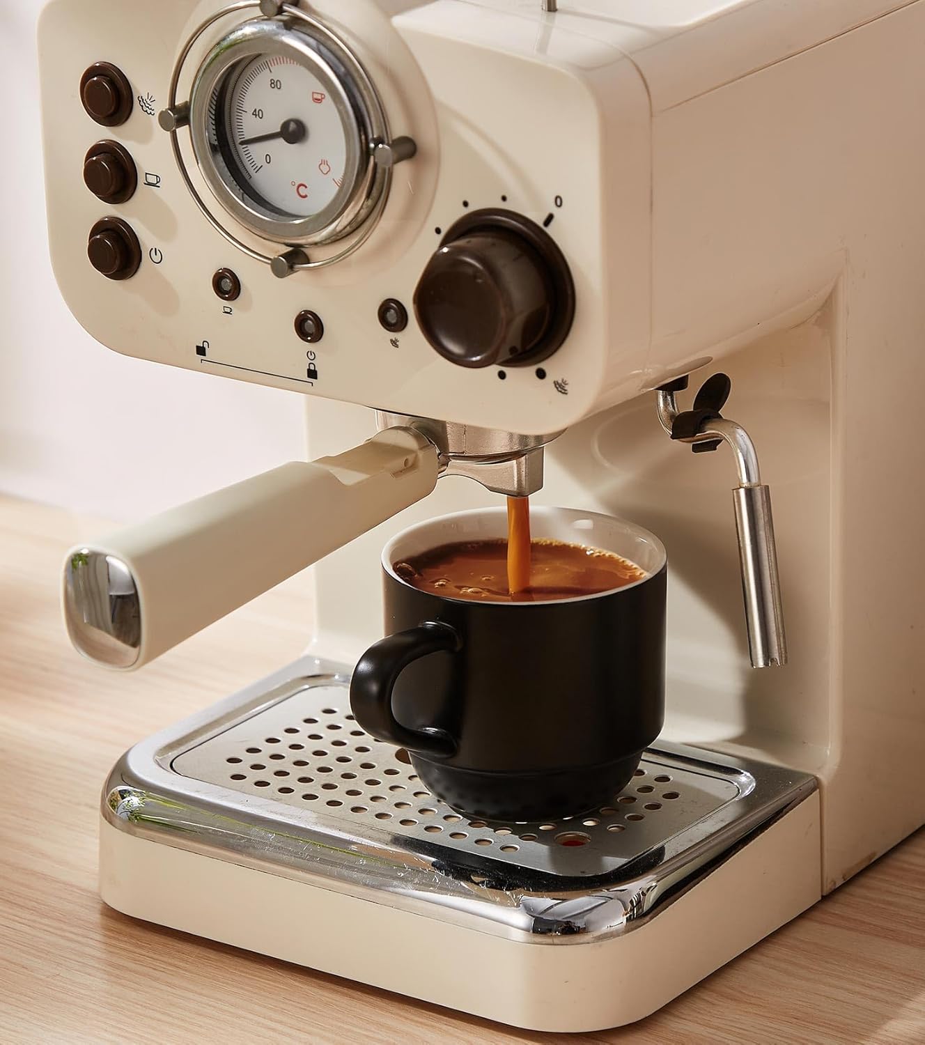 Lareina 8 Ounce Porcelain Cappuccino Cups Set of 4, Stackable Coffee Cups with Saucers, Spoons and Metal Stand -for Specialty Coffee Drinks, Cappuccino, Latte, Americano and Tea, Black