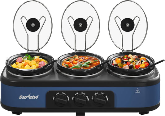 SUNVIVI Triple Slow Cooker, Buffet Food Warmer with 3 x 1.5 QT Removable Ceramic Pots, Buffet Servers and Warmers with Glass Lids and 3 Spoons, Stainless Steel, Blue