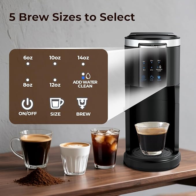 Single Serve Coffee Maker K Cup 2 in 1 Coffee Machine with Ground Coffee & Pods Coffee, 6 to 14 Oz Brew Sizes,Mini One Cup Drip Coffee Maker with Auto Cleaning & Shut Off, Black