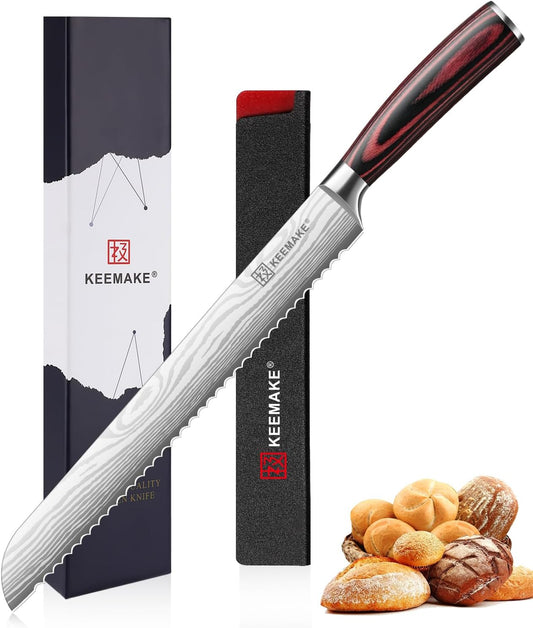 Serrated Bread Knife, KEEMAKE10 inch Ultra Sharp Serrated Bread Slicer for Homemade Bread Cake Bagels Cutting Less Crumbs - High Carbon Stainless Steel Cake Slicer with Ergonomic Wood Handle, Gift Box
