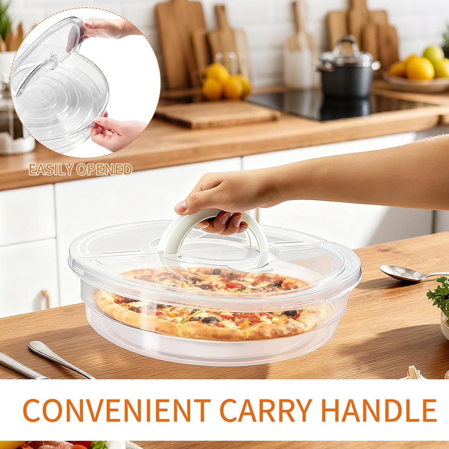 2 Pack 12 Inch Food Storage Container with Lid and Handle, Round Plastic Pizza Slice Storage Container, Reusable Pie Carrier Keeper for Food Cake Cheesecake, Clear