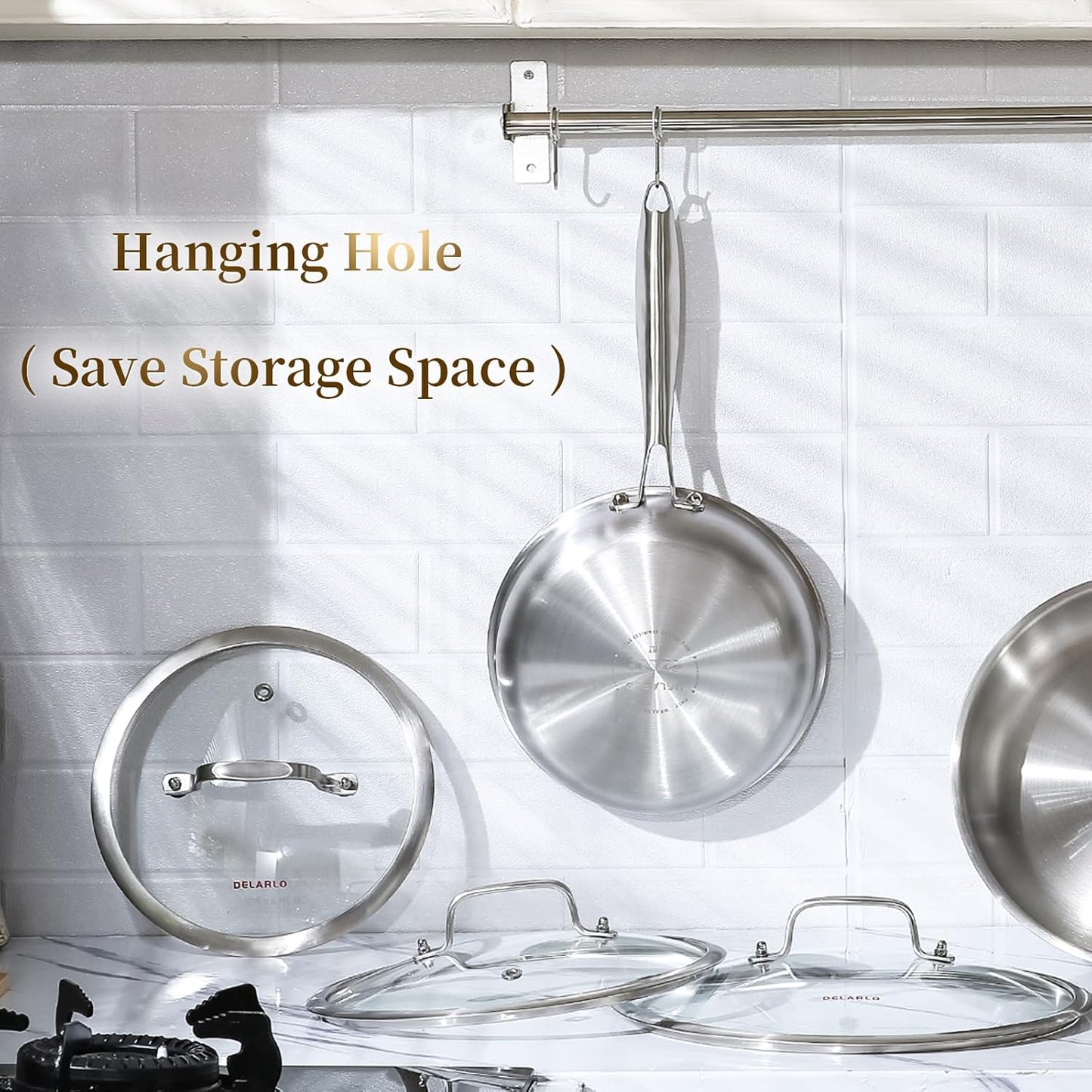 DELARLO Tri-ply Stainless Steel Kitchen Cookware Frying Pan Set with Lid 10.5" 12.5" Induction large Skillets Chef's Pan,Pots and Pans Set Kitchen Cookware Set Suitable for All Stove