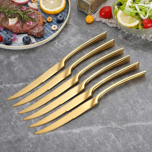 Lemeya Stainless Steel Gold Steak Knives Set of 6,Forge Steak Knife,Serrated Steak Knives Set,6 Piece Heavy Steak Knives-10 inch,Mirror Polished,Dishwasher Safe
