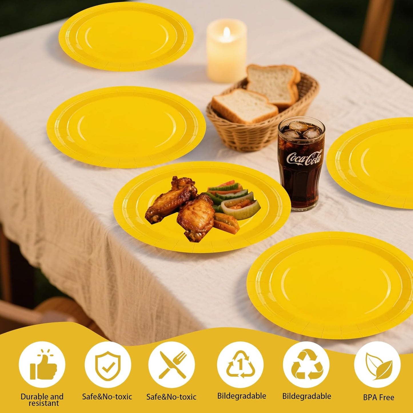 50PCS Yellow Paper Plates and Napkins Decorations, 7Inch Solid Yellow Dessert Plates Disposable Cake Plate Tableware Set Party Supplies for Birthday Anniversaries Baby Shower Wedding