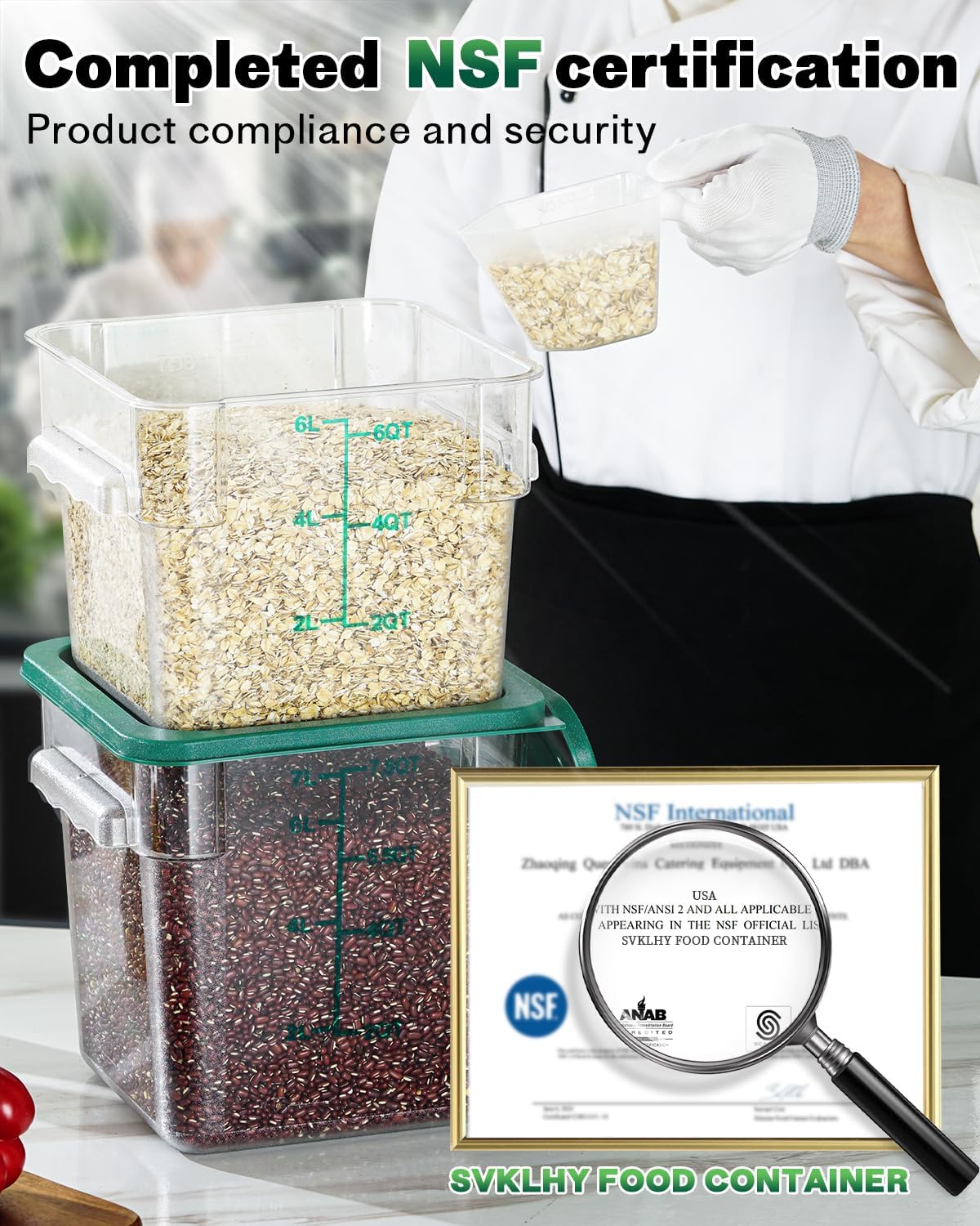 2QT&4QT NSF Food Storage Containers: 8 PCS[Food Grade] [Hot&Cold Resistant] Commercial Clear Square Food Storage Containers with Scales Handles for Home Restaurant Kitchen(BPA FREE)