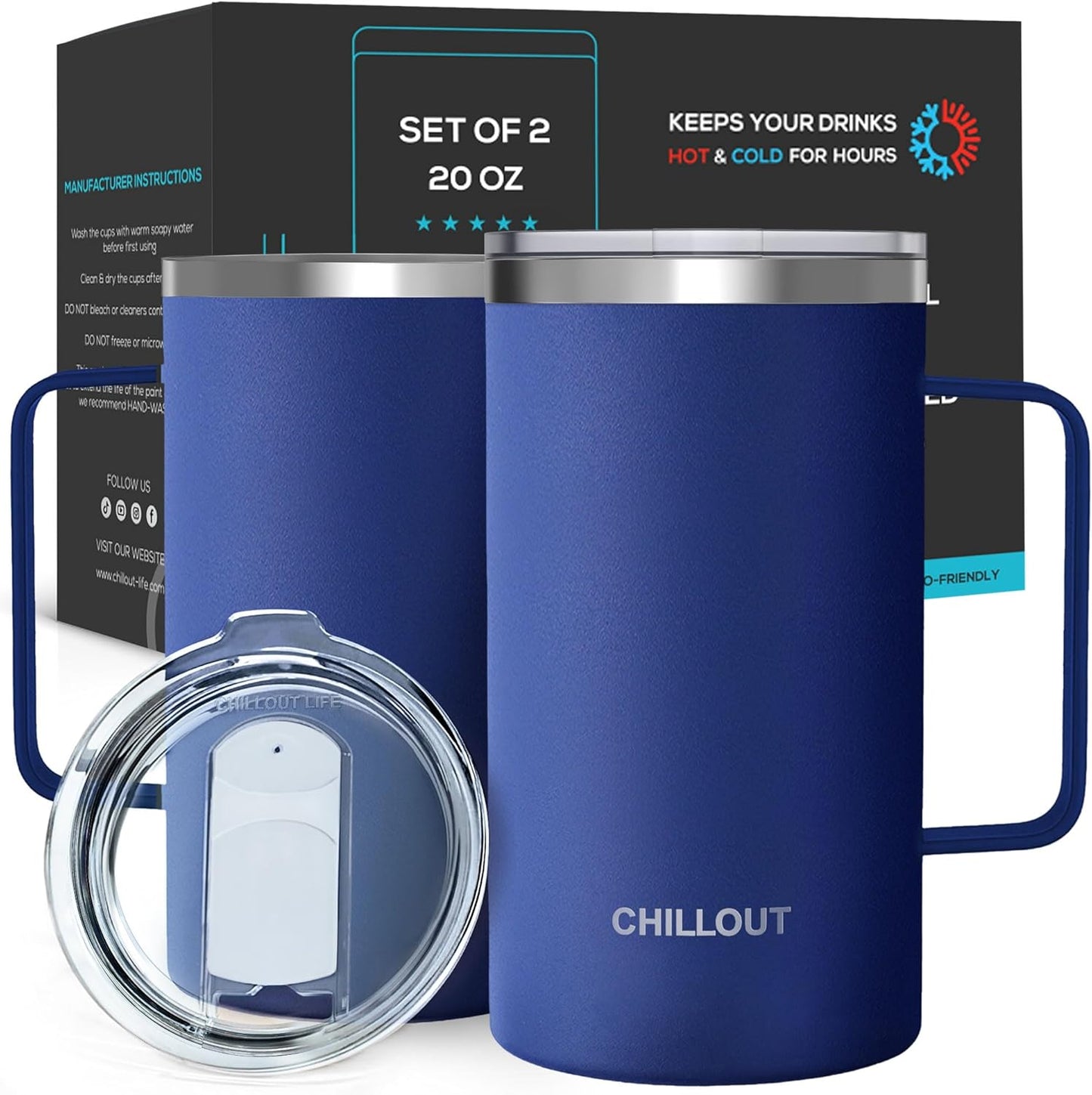 CHILLOUT LIFE Stainless Steel Vacuum Insulated Coffee Mug 16 oz (Set of 2) with Handle and Lid, Large Thermal Camping Coffee Mugs with Sliding Lid for Men & Women, Keeps Your Beverages Hot & Cold