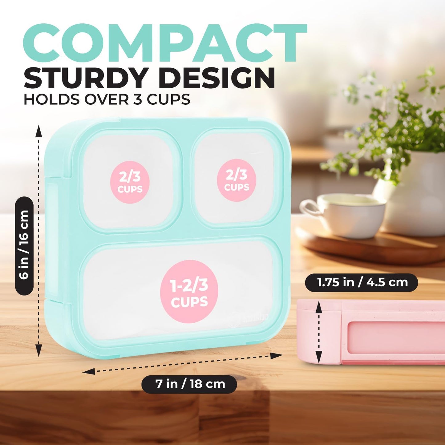 Medium Bento Box for Kids Toddlers, Lunch-Box for Boys or Girls, Leakproof 3 Compartment Containers for Meal or Snack at Daycare School Travel, BPA Free, 2 pack Pastel Teal + Pink