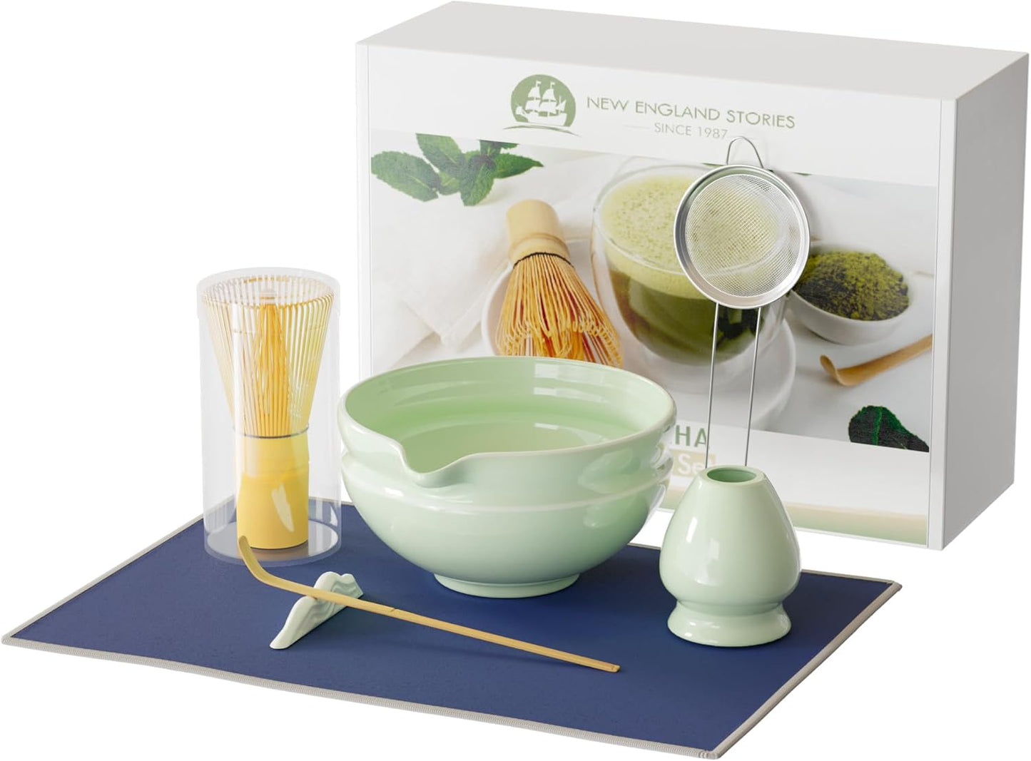 7 Pcs Matcha Whisk Set, Perfect Matcha Kit for Matcha Lovers Includes Ceramic Bowl, Bamboo Whisk, Holder, Scoop, Sifter & Cloth
