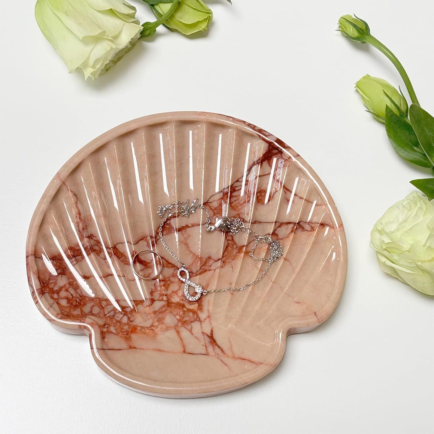 Real Natural Marble Jewelry Tray, 5.9 Inch Pink Vanity Tray, Trinket Dish, Ring Holder, Storage Tray, Dresser Organizer, Table Decor for Nightstand, Bathroom, Kitchen