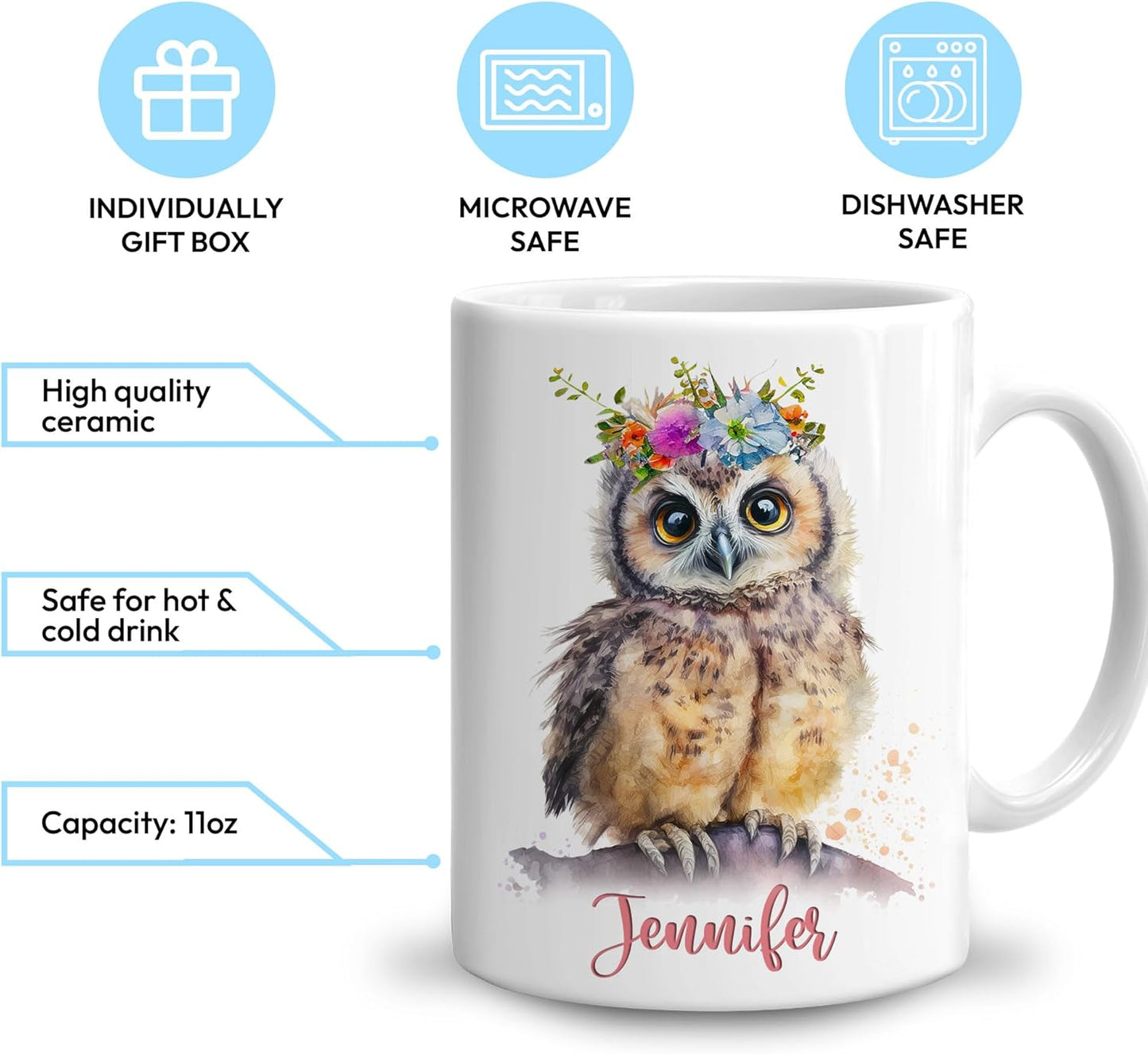 Hyturtle Personalized Gifts Owl Lover - Just A Girl Who Loves Owls Custom Name Ceramic Coffee Mug Cup 11oz - Idea Cute Animal Lover Gifts For Women, Girl Daughter On Birthday, Christmas