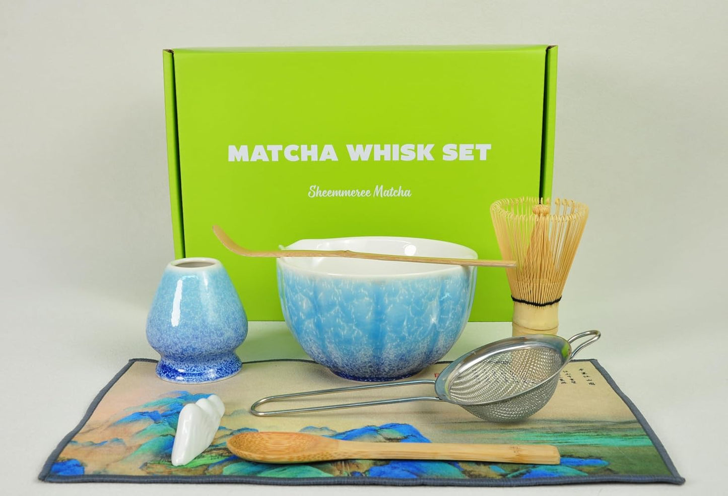 Matcha Whisk set, 8pcs Matcha Making Kit Includes Ceramic Bowl, Bamboo Whisk (Chasen), Whisk Holder, Sifter, Bamboo Scoop, Scoop Rest, Tea Towel, Macha kit for Matcha Tea Ceremony, Blue