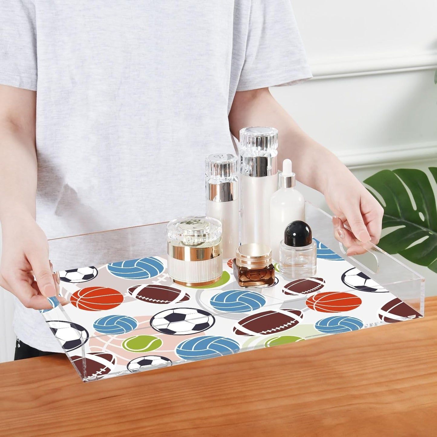 Acrylic Serving Tray with Handles Spill Proof Kitchen Storage Tray Clear Decorative Tray Makeup Drawer Organizer Storage Tray for Bathroom Living Room Ottoman 15.7x11.8Inches