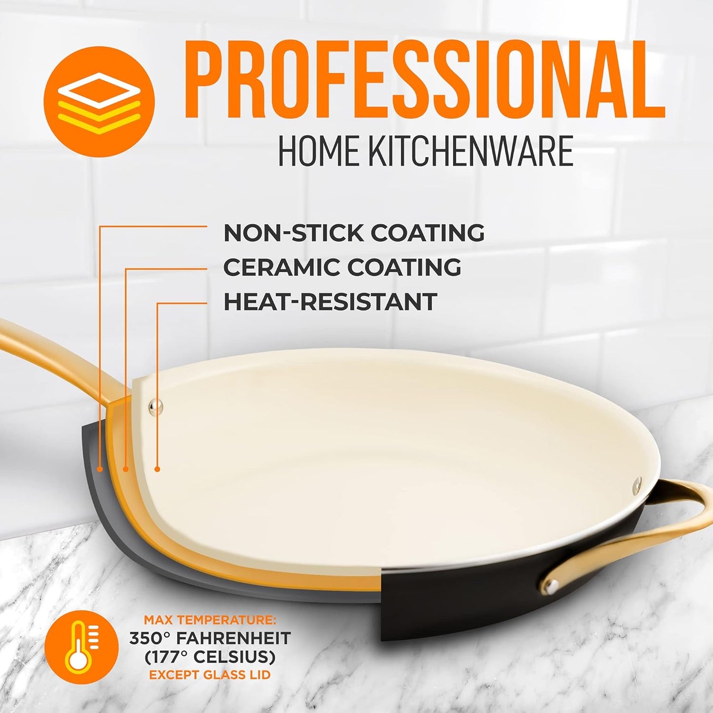 NutriChef 14-Inch Professional Ceramic Frying Pan - Extra-Large Skillet with Golden Titanium Handle, Non-Stick Ceramic Coating, Stain-Resistant, Easy to Clean, Ideal for Home Cooking