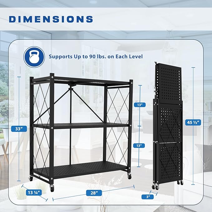 Lifetime Home 3-Tier Foldable Storage Shelf with Wheels - Metal Rack Collapsible Shelving Unit Display, Rolling Cart for Books Kitchen Storage Shelves, Pantry & Closet Organizer, Office Room Decor