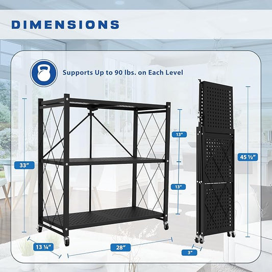 Lifetime Home 3-Tier Foldable Storage Shelf with Wheels - Metal Rack Collapsible Shelving Unit Display, Rolling Cart for Books Kitchen Storage Shelves, Pantry & Closet Organizer, Office Room Decor