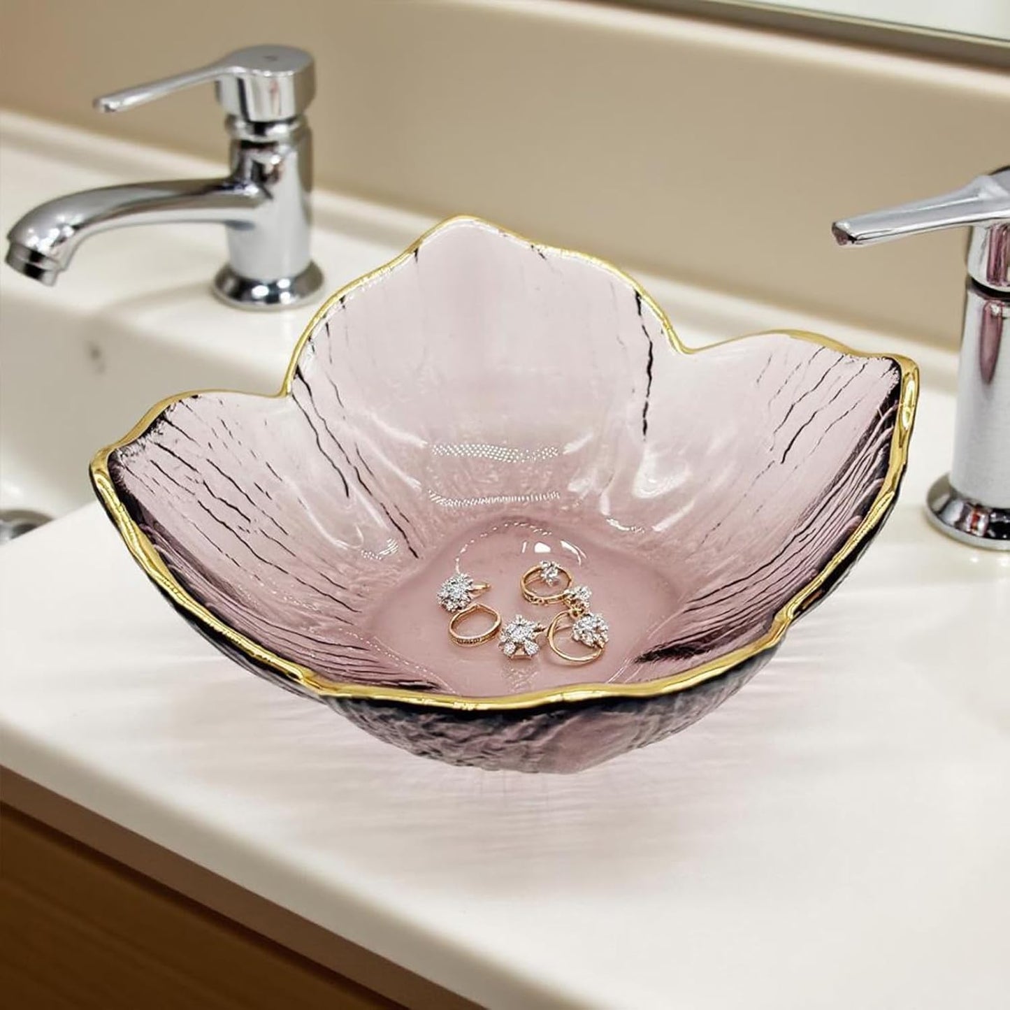 Small Flower Ring Dish Jewelry Tray, Pink Glass Jewelry Dish Tray, Nightstand Decor Jewlery Plate, Gifts for Mom, Crystal Ring Holder for Women, Bathroom Jewelry Bowl Trinket Tray Soap Dish