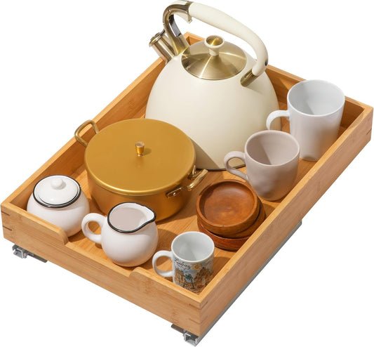 HOLDN’ STORAGE Bamboo Wooden Pull out Cabinet Organizer.14”W x 21”D - Requires At Least a 15.25:W x 21" D. Cabinet Opening. W/Lifetime Limited Warranty. Bamboo Tray and Heavy gauge metal rails.