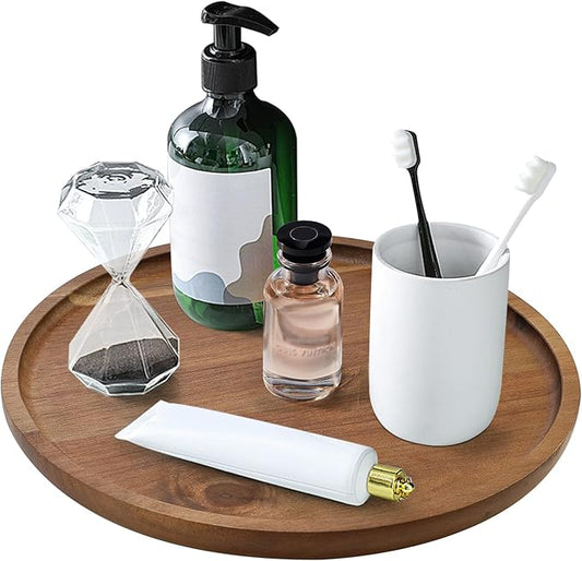 Acacia Wood Bathroom Vanity Tray Round Lazy Susan Organizer for Table Top Kitchen Sink Soap Tray Large Wooden Lazy Susan Turntable Kitchen Counter Perfume Rotating Tray for Bathroom Decor Accessories