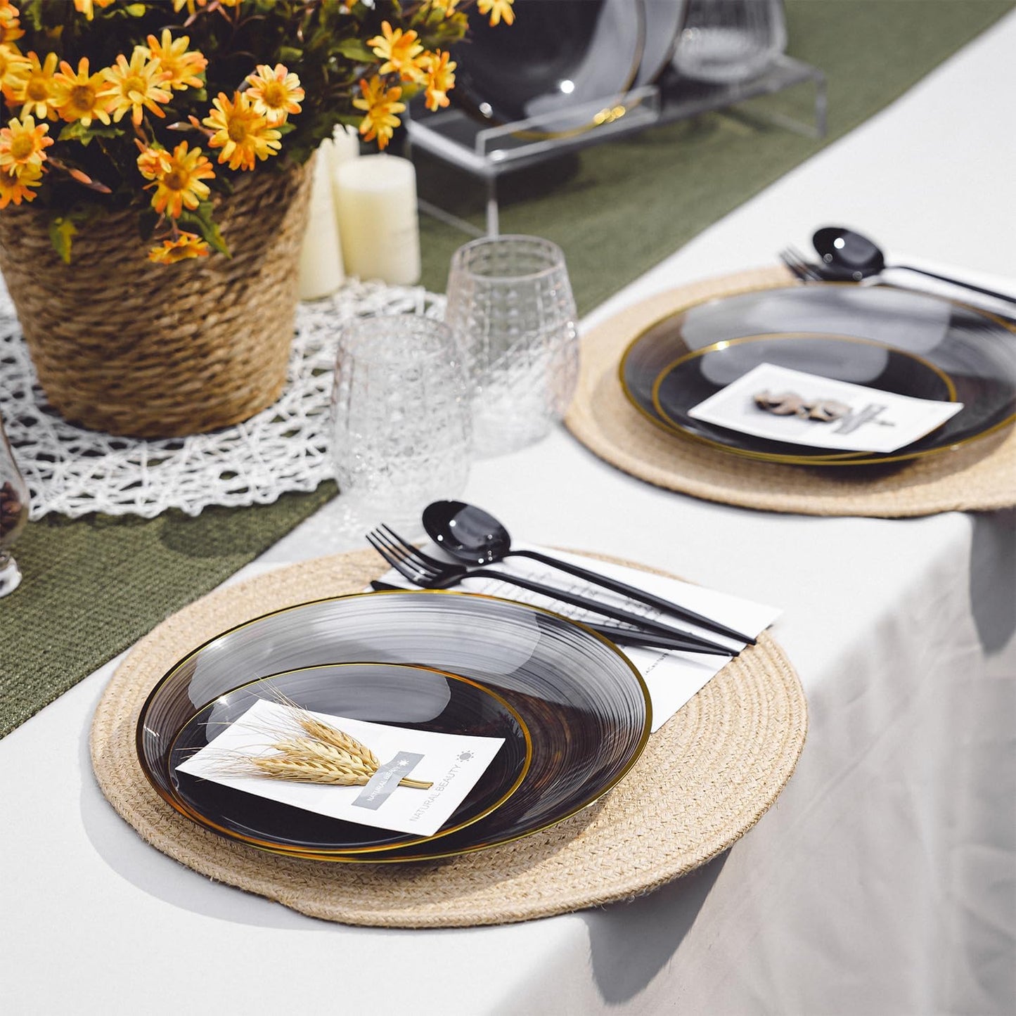 100PCS Black Plastic Plates-Crystal Design Black Disposable Plates with Gold Rim, Fancy Disposable Plates Include 50 Dinner Plates, 50 Dessert/Salad Plates for Party & Halloween