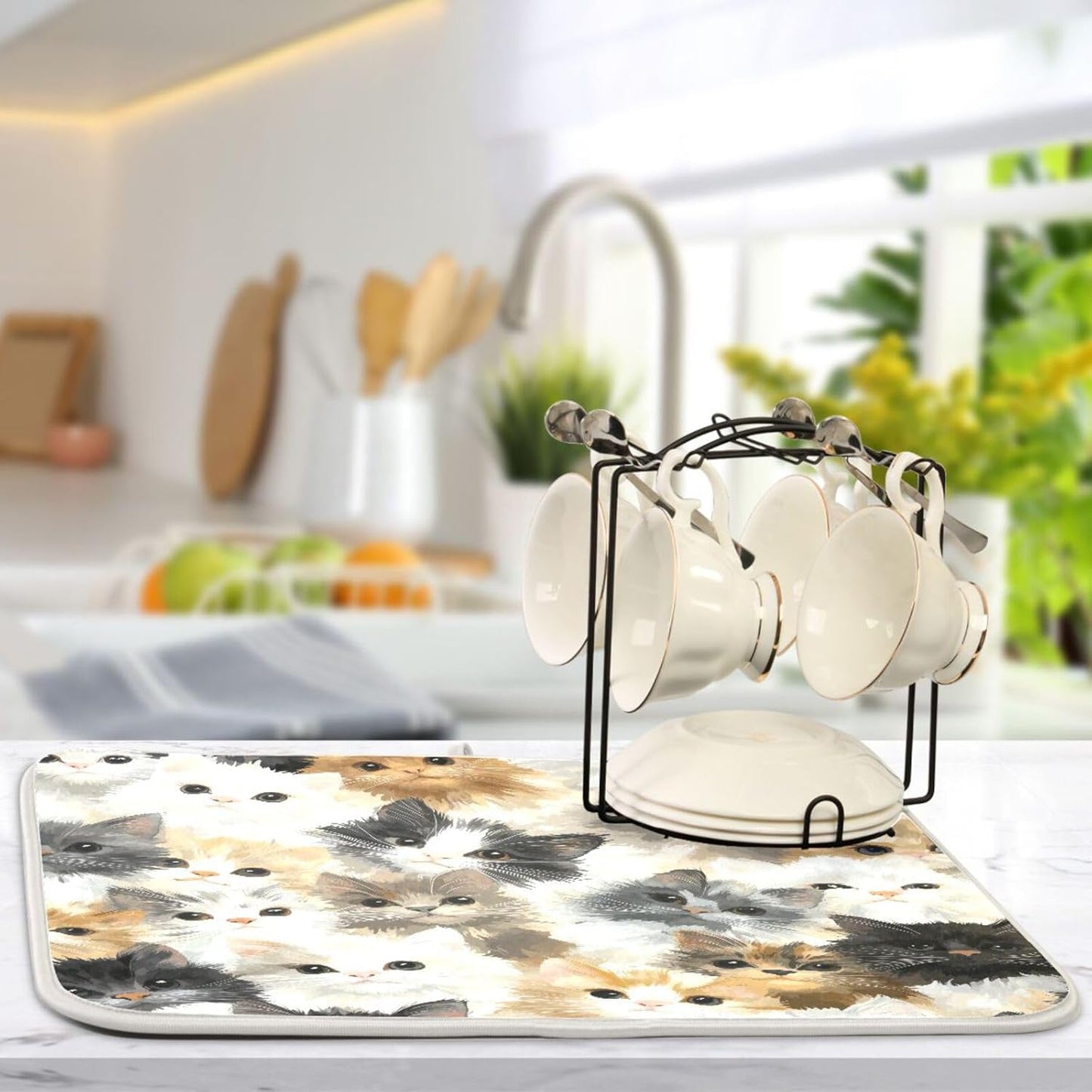 Cat Faces Pattern Dish Drying Mat for Kitchen Counter Super Absorbent Dishes Pad Reversible Microfiber Protector Dish Draining Mats 16x18 inch
