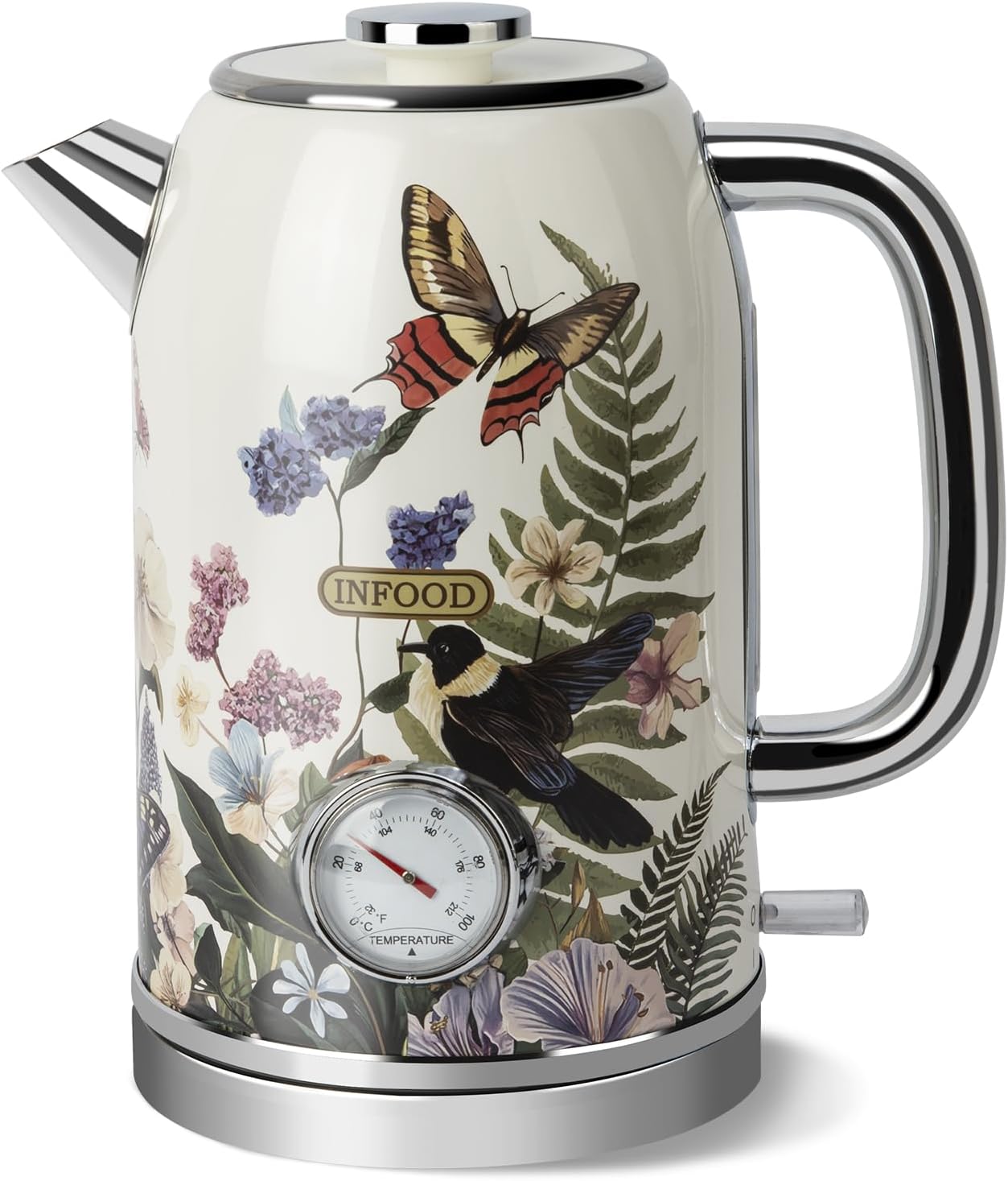 Retro Electric Kettle 1.8L/60.8oz with Thermometer - 1200W Fast Boiling Stainless Steel Tea Kettle with Water Level, BPA-Free, Auto Shut-Off, Boil-Dry Protection, Vintage Floral Design