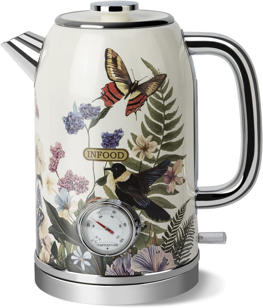 Retro Electric Kettle 1.8L/60.8oz with Thermometer - 1200W Fast Boiling Stainless Steel Tea Kettle with Water Level, BPA-Free, Auto Shut-Off, Boil-Dry Protection, Vintage Floral Design