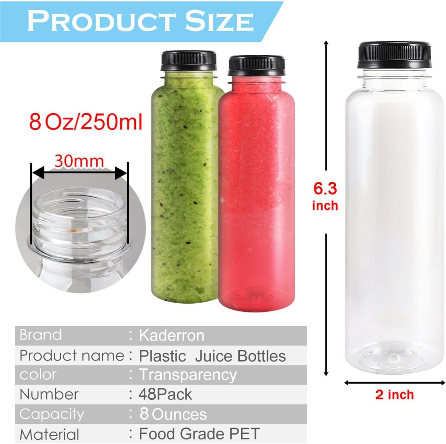 48pcs 8oz Plastic Juice Bottles with Caps, Empty PET Disposable Plastic Bottles, Clear Bulk Drink Containers with Black Tamper Evident Lids for Juicing, Drinking and Other Beverages