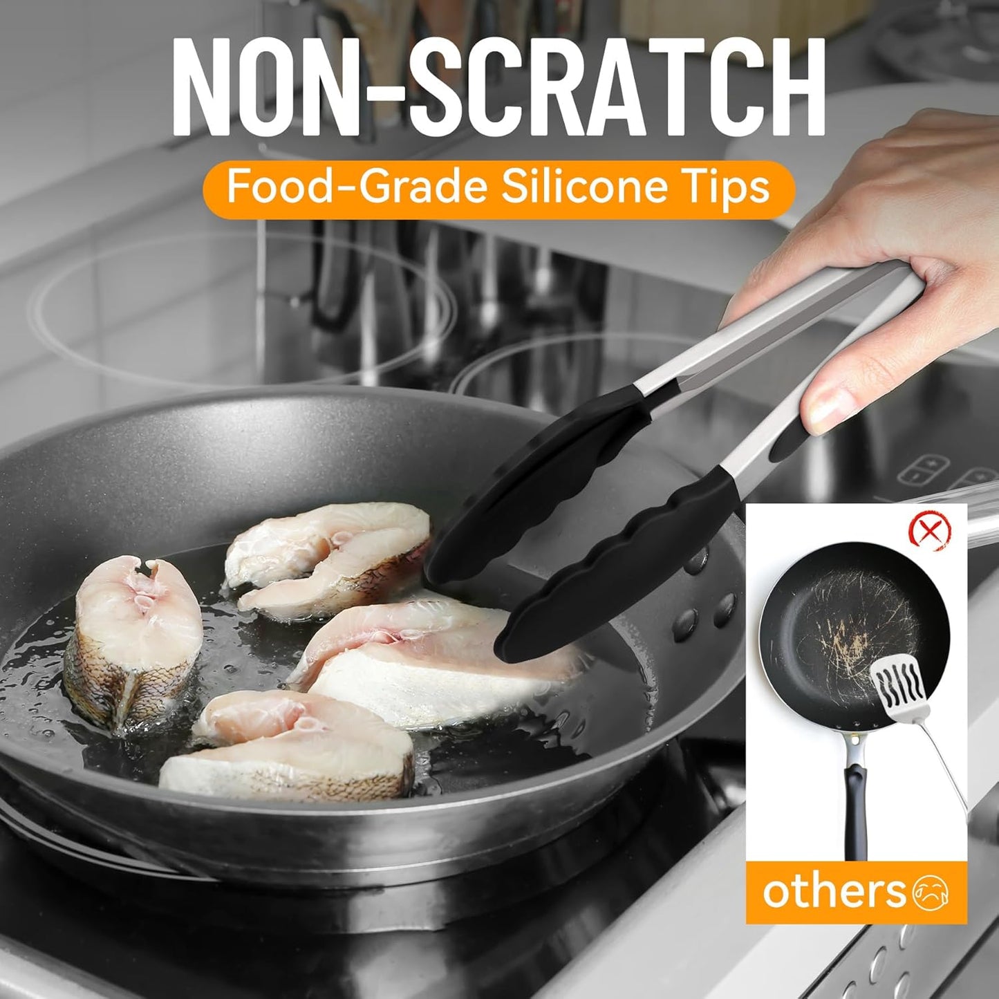 HOTEC Premium Stainless Steel Locking Kitchen Tongs with Silicon Tips, Heat Resistant Cooking Tongs Set of 3-7", 9" and 12" (Black)