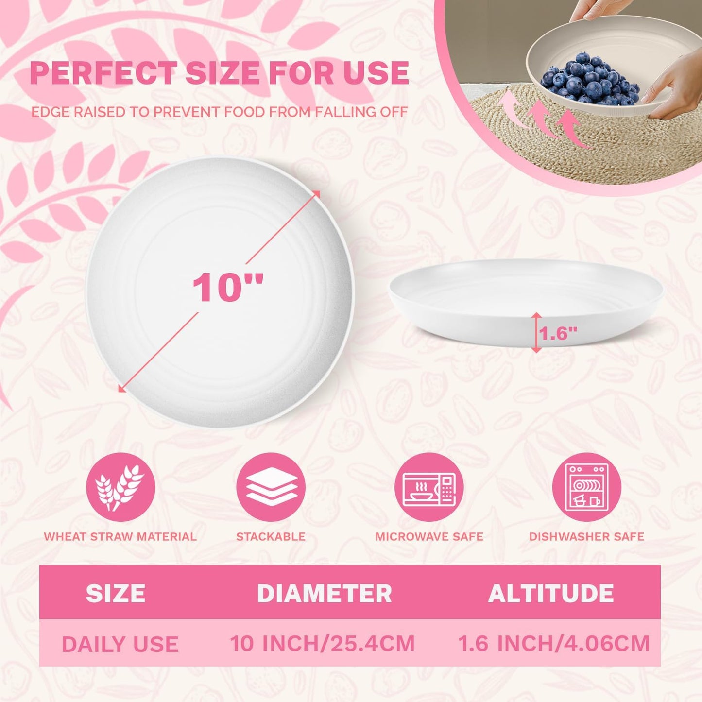 Homienly Deep Dinner Plates, Wheat Straw Plates 10 inch Set of 8, Unbreakable Plates for Kitchen, Kids, Lightweight Microwave and Dishwasher Safe Camping Plate Set for Salad, Dinner, Fruit - White