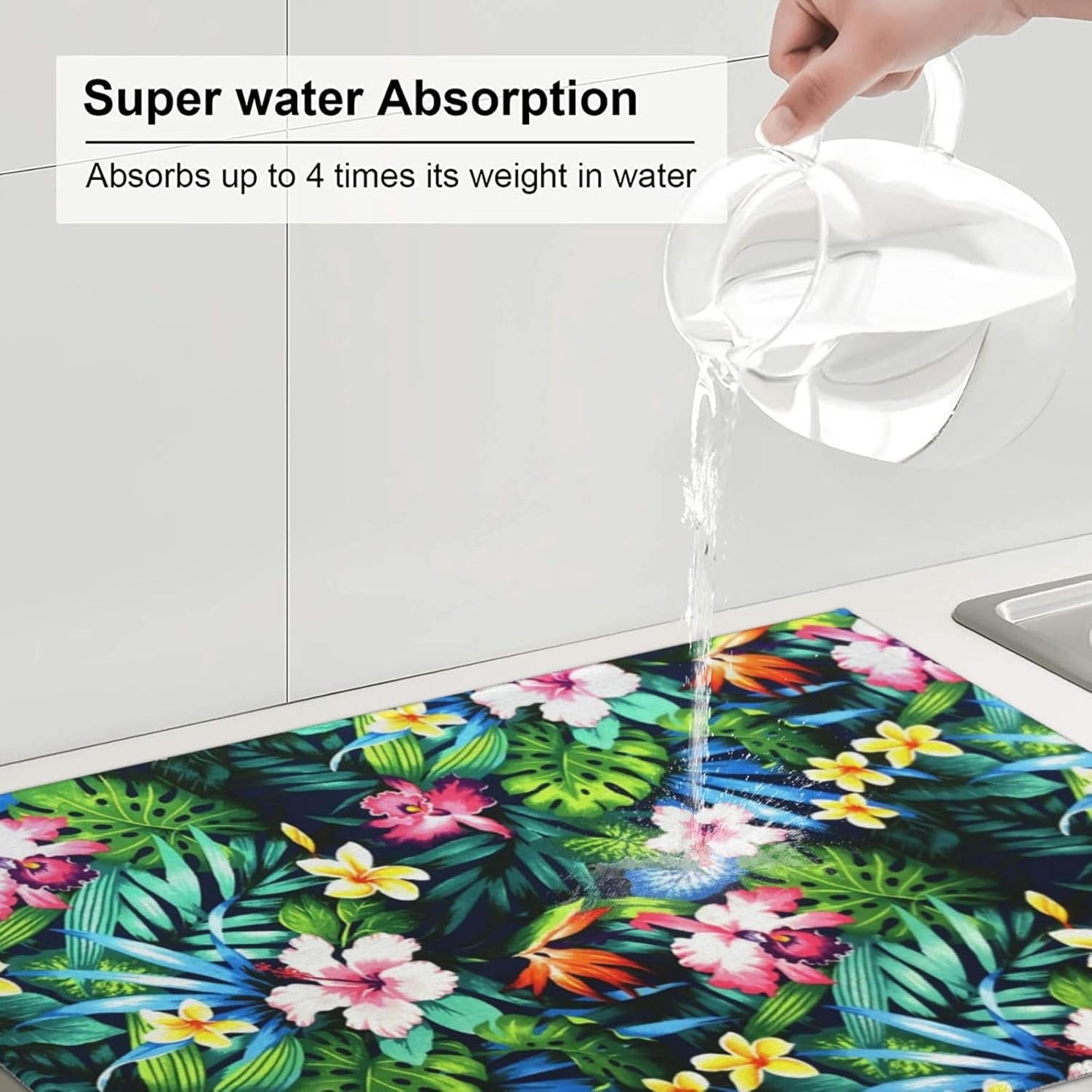 Light Pink Floral Dish Drying Rack Mat for Kitchen Accessories Counter, Flowers Blossom Microfiber Coffee Decor Bar Station Mats Dish Draining Washable Foldable Extra Large 18"x24" Silicone Rubber