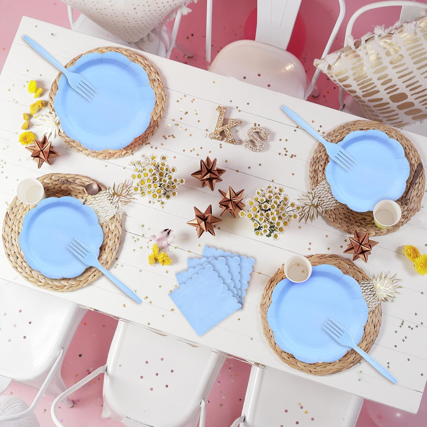 96 Pieces Light Blue Scalloped Tableware Set Party Supplies – Solid Color Disposable Dinnerware with Paper Plates, Napkins, and Forks for Baby Showers, Boys Birthday, Spring Celebrations – Serves 24