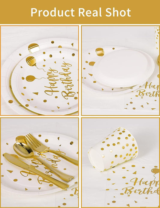 Birthday Party Tableware, 161 Pieces White Gold Party Supplies, Party Dinnerware Sets Include Paper Plates Napkins Cups Silverware, for Shower Engagement Parties Decoration -20 Serves