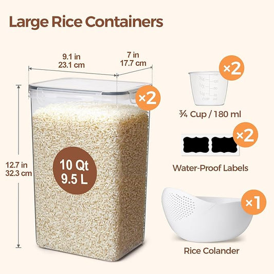 ComSaf Rice Container Set of 2(9.5L/10Qt), Large Airtight Food Storage Containers with Lid and Rice Washer, Plastic Canisters Sets for The Kitchen, Pantry Organizers for Flour, Cereal and Cooking