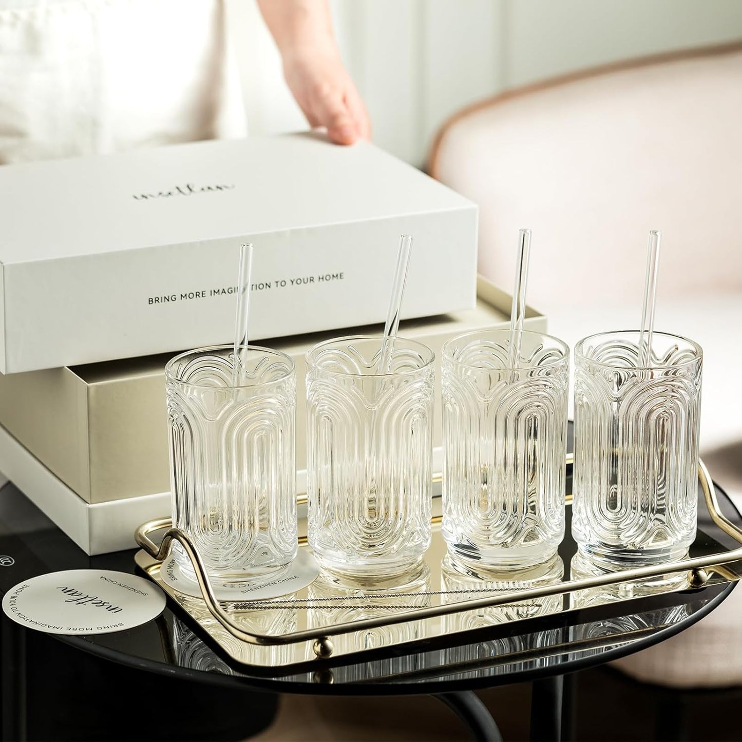 INSETLAN Vintage Art Deco Glassware | Glass Cups Set of 4 | 14 Oz Thick Bottom Cocktail Glasses, Highball Glass Fabulous Box, Embossed Ripple Glassware, for Water, Wine, Juice, Mixed Drinkware