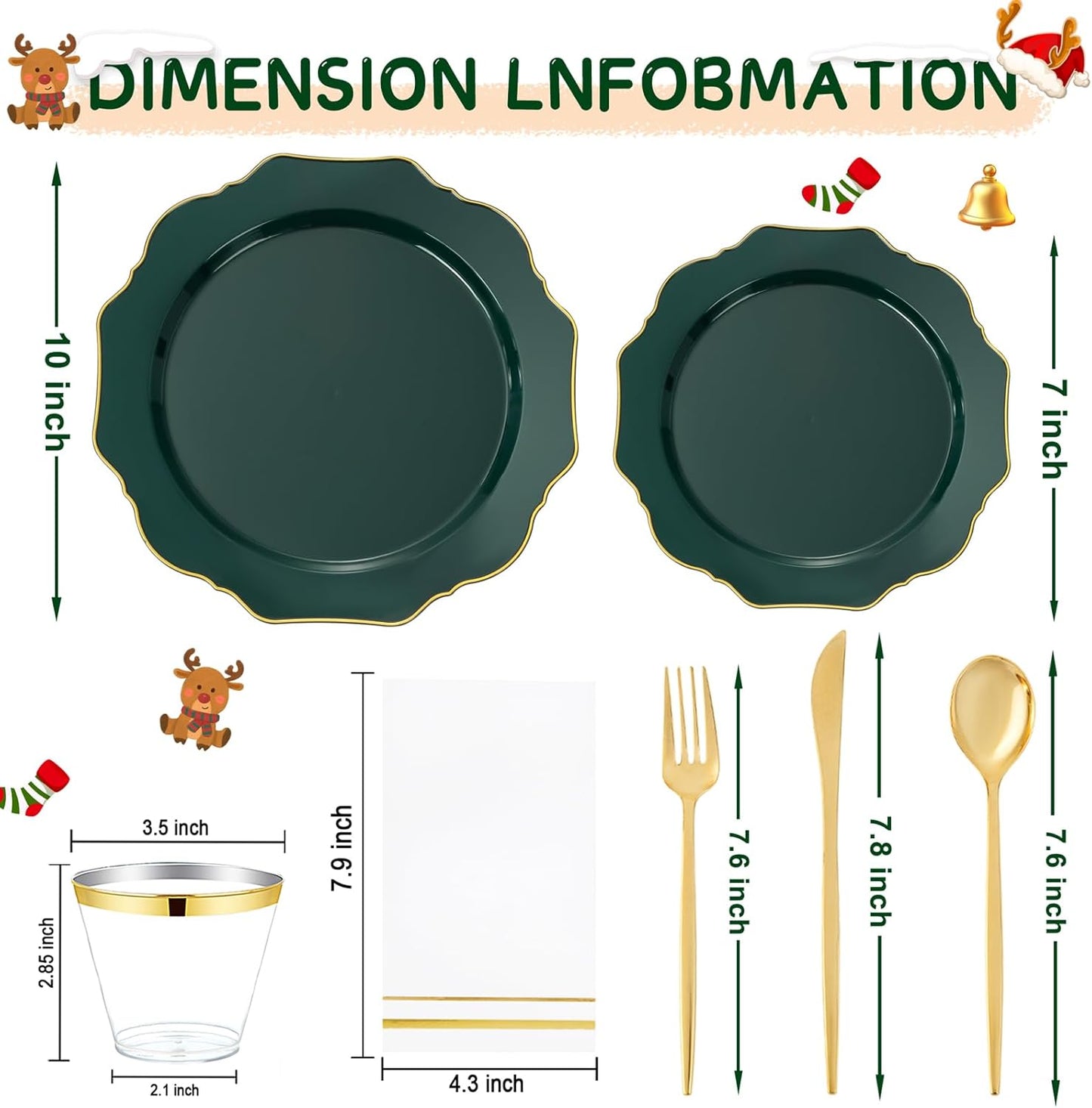 WDF 175Pcs Green Plastic Plates - Green Plates Disposable with Gold Rim - Christmas Plastic Plate - Fancy Disposable Dinnerware Sets 25 Guests Ideal for Christmas/Party/Wedding