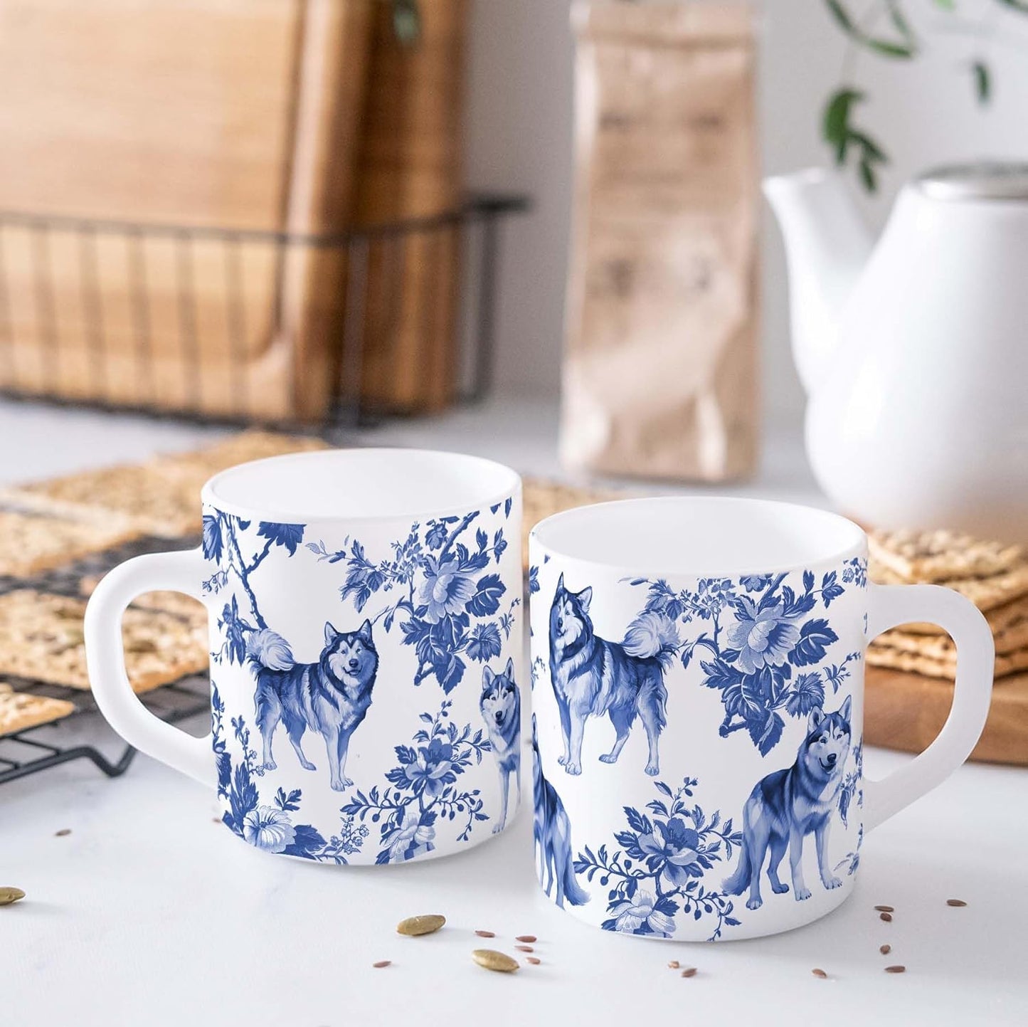 Husky Blue French Toile Mug, Huskies Lover Gifts for Women, Blue Chinoiserie Toile Coffee Cup for Husky Mom, Dog Lovers Tea Coffee Mug Birthday Gifts for Dog Owners, 11oz