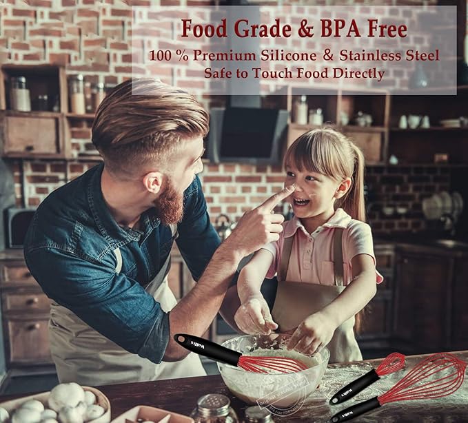 Walfos Whisk,Silicone Whisks- Heat Resistant（480°F） Silicone Whisks for Cooking Non Scratch,BPA free and Dishwasher Safe.Perfect for Blending,Whisking,Beating, Set of 3(Red)