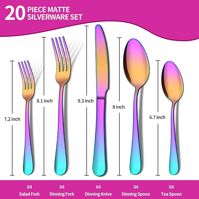 20 Piece Rainbow Silverware Set, ENLOY Colorful Stainless Steel Flatware Cutlery Set, Kitchen Utensil Set Service for 4, Include Forks Spoons Knives, Reusable, Mirror Polished, Dishwasher Safe