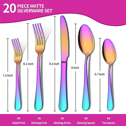 20 Piece Rainbow Silverware Set, ENLOY Colorful Stainless Steel Flatware Cutlery Set, Kitchen Utensil Set Service for 4, Include Forks Spoons Knives, Reusable, Mirror Polished, Dishwasher Safe