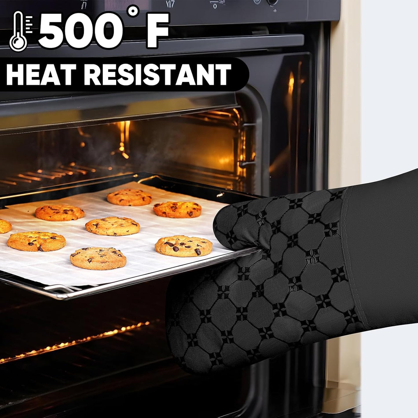 Oven Mitts Kitchen Towels Dishcloths with Pot Holders Sets 12PCS, Dish Towels Sets, Oven Gloves Pot Pads Heat Resistant 500 Degrees with Non-Slip Silicone Surface for Cooking Baking Grilling Black
